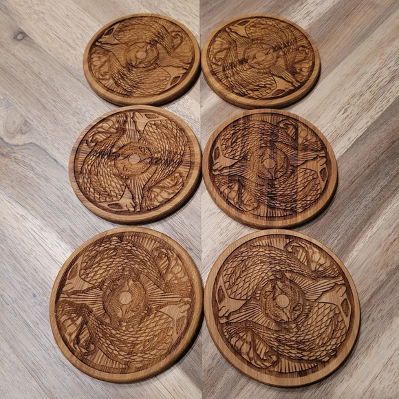 Bamboo Burned Etched Fish Pisces Wood Coasters Aquatic - Picture 1 of 3